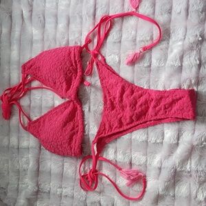 No Brand NWT 2 Piece Hot Pink Tassle String Leopard Print Halter Bikini Size L